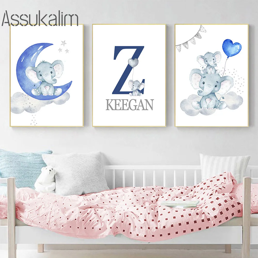 Настенная картина для детской комнаты мальчиков Постер со слоном и именем на