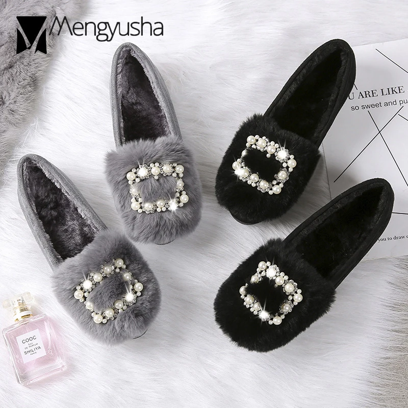 Из флиса на плоской подошве Зимняя женская обувь с кристаллами меховые Мокасины