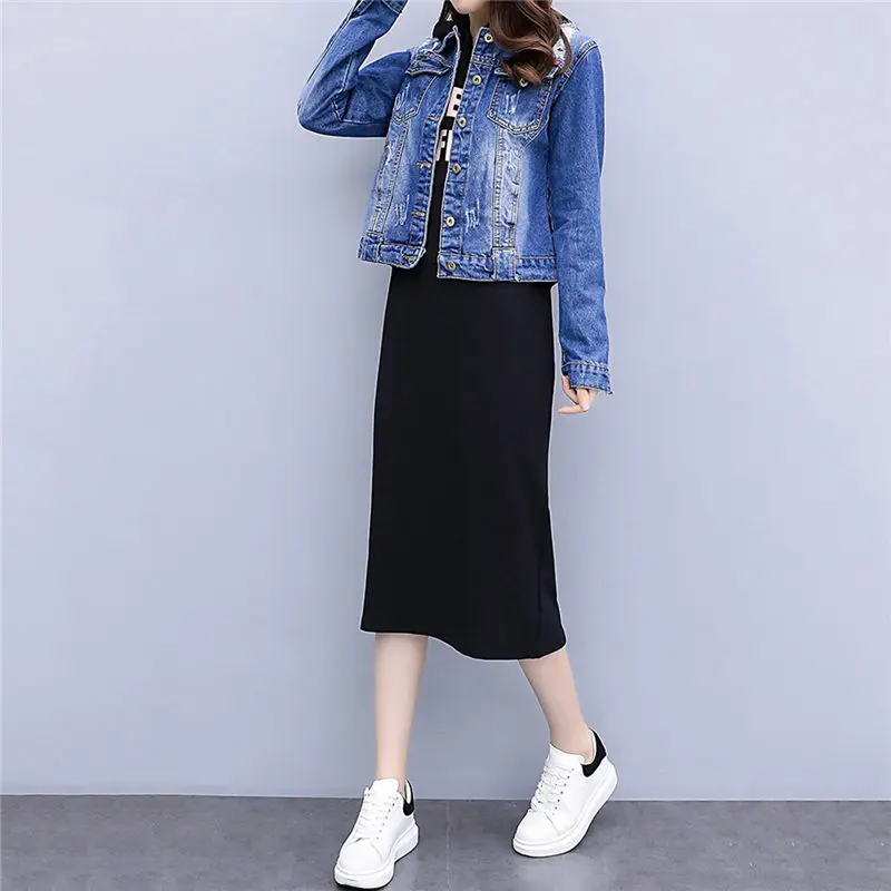 Женский джинсовый костюм с кофтой и длинным рукавом повседневный спортивный из