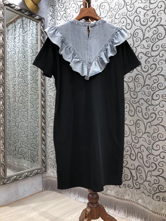 

2021 spring new women's neckline denim color matching stitching decorative round neck short-sleeved dress 302