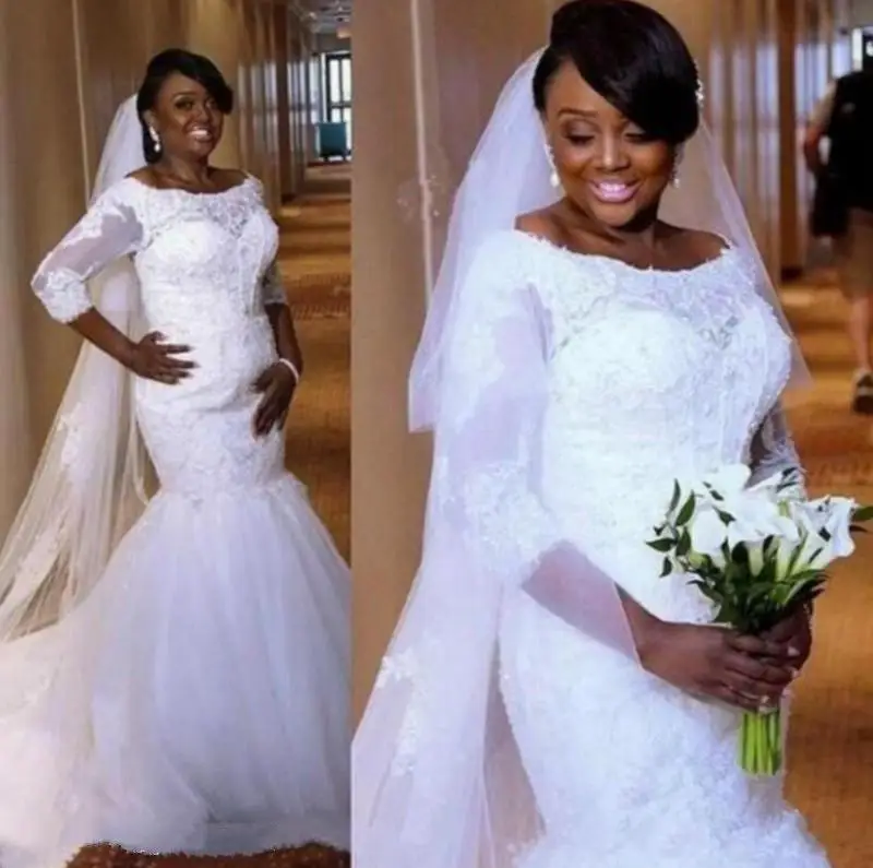 

African Black Girls Plus Size Wedding Dresses Lace Appliques Off Shoulder 3/4 Long Sleeve Mermaid Cheap Beach