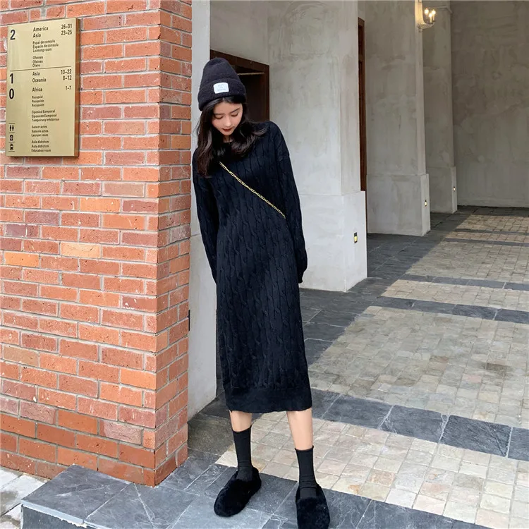 

Long Knit Straight Dress Autumn Winter Woman Korean Style Fashion Loose Oversize Warm Elegant Lady Midi Party Streetwear Robes