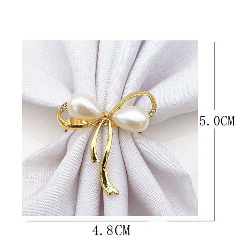 

6pcs Hotel Fashion Wedding Tableware Pearl Bow Napkin Buckle Mouth Cloth Ring Holiday Party Desktop Decoration Accessories