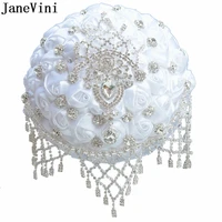 janevini luxury crystal white bridal brooch bouquets handmade satin roses flowers bouquet rhinestones wedding bouquet customize