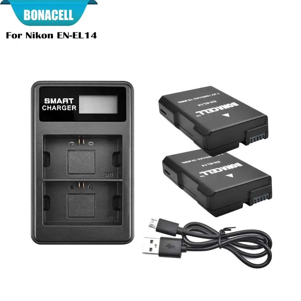 2X Battery-Charger Bonacell 7,2 V 1500 мА/ч, Перезаряжаемые батареи для Nikon D3100 D3200 D3300 D5100 D5200 D5300 P7000 P7100 P7700 P7800 L50 - Цвет: 2X Battery-Charger