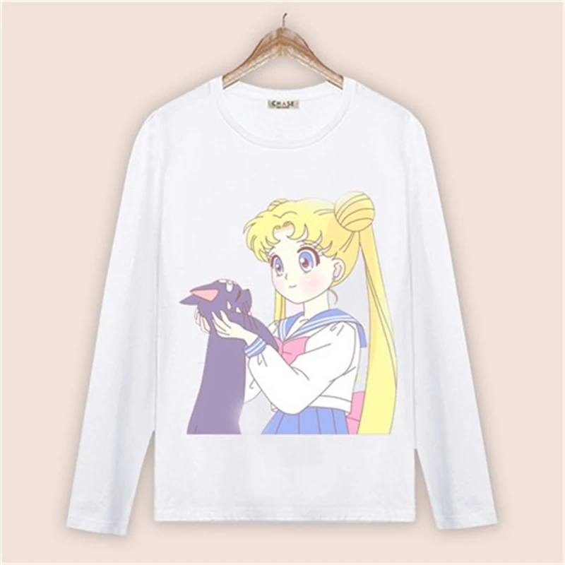 Ulzzang Harajuku Sailor Moon Print Kawaii Women Long Sleeve T-shirt Cute Cat Tshirt Cartoon Top Tees Female Casual White |