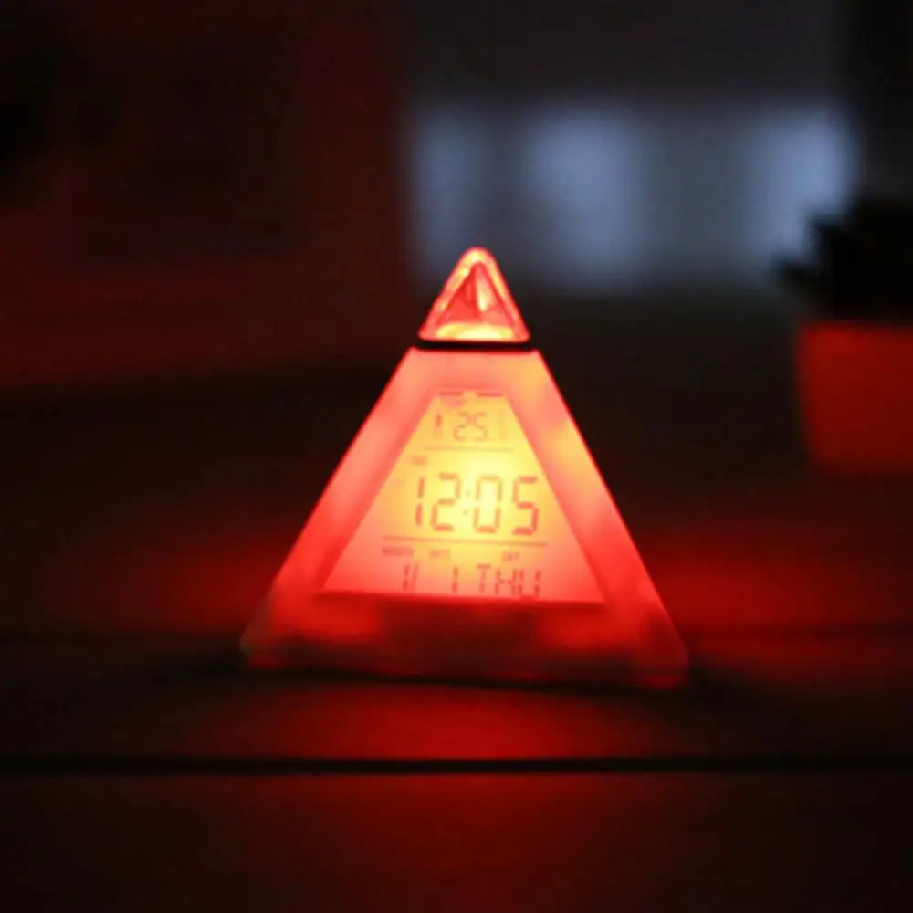 

Hot Sales 7 Colors Changing LED Light Triangular Thermometer Calendar Digital Alarm Clock