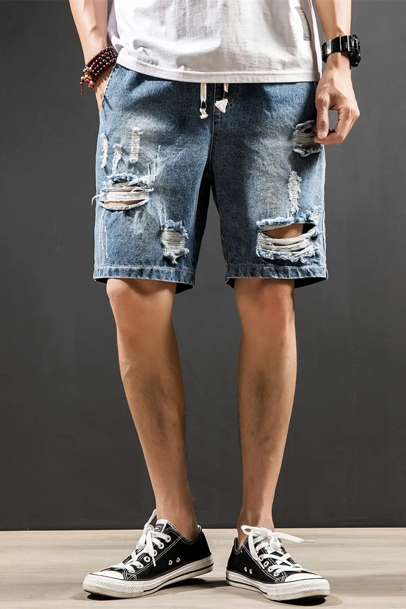 

Men Cotton High Quality Elastic Waist Denim Shorts Summer Hole Large Size Shorts Men Loose Casual Denim Shorts Size M-5XL