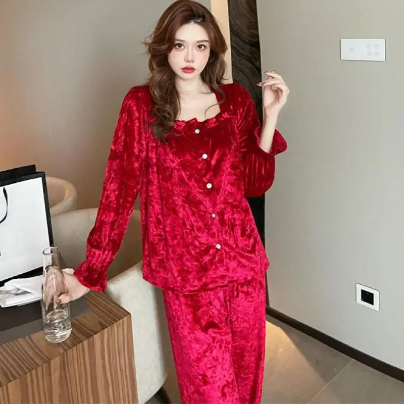 

Autumn New Long Sleeve 2PCS Pajamas Suit Women Sleep Set Intimate Lingerie Casual Velour Home Clothing Burgundy Pyjamas
