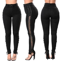 women bandage denim trousers spring streetwear sexy hollow out lace up black jeans woman high waist wash skinny pencil pants