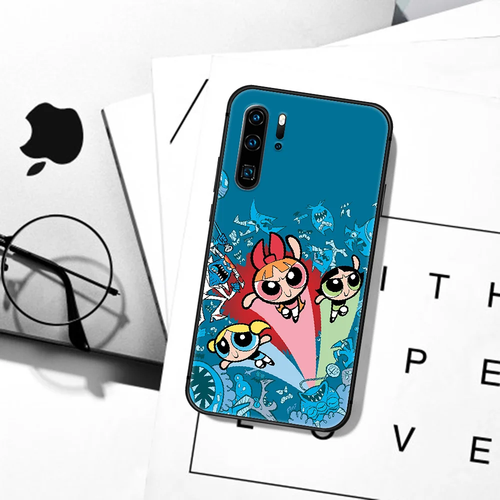 

Cute Powerpuff Cartoon Girl Phone Case For Huawei P Mate 10 20 30 40 Pro Lite Smart 2019 2021 black Funda Luxury Hoesjes Soft