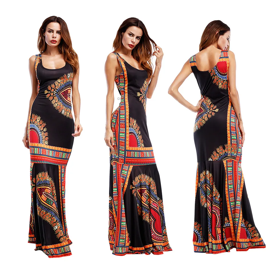 Женское платье на лямках Fadzeco длинное макси в африканском стиле с расклешенным