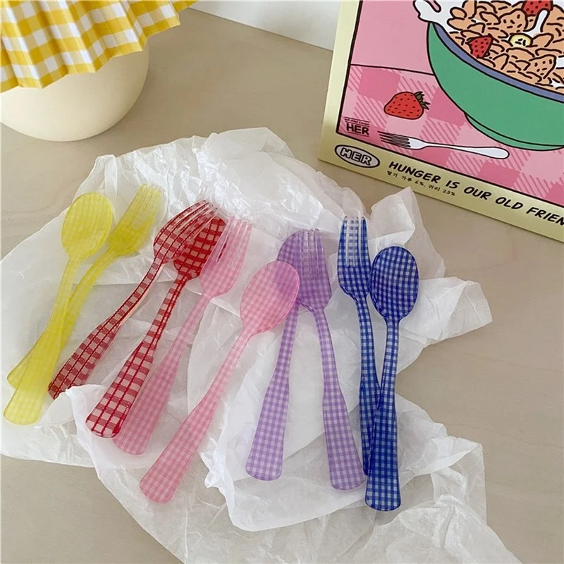 Ложка и вилка пластиковые клетчатые для чая кофе 1 комплект|Ложки| |