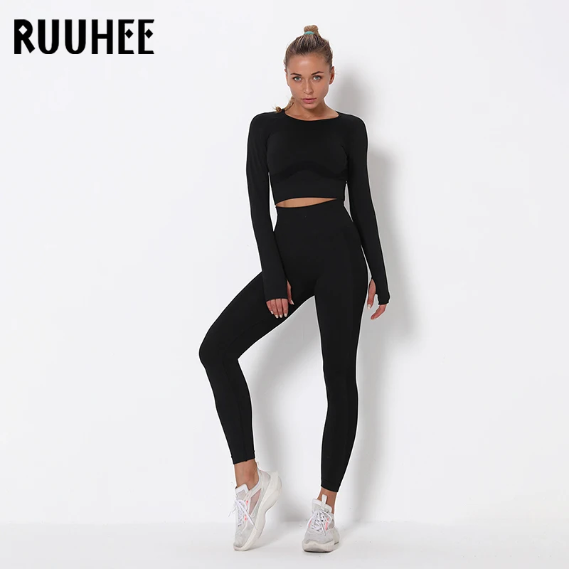 Комплект для йоги RUUHEE с длинным рукавом леггинсы высокой талией и бюстгальтер