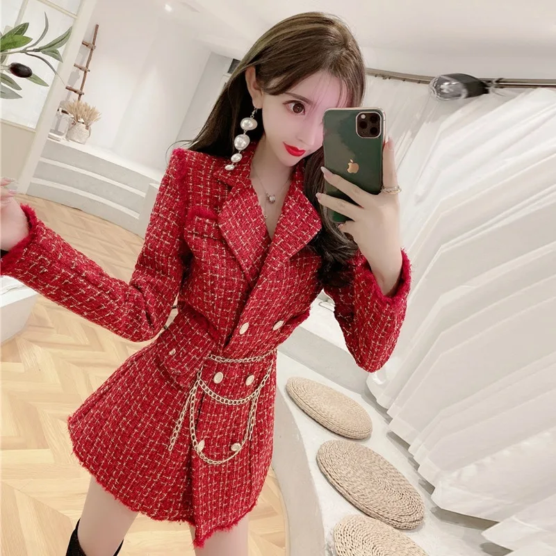 

2021 new women's gold line plaid suit jacket ladies notched double-breasted feather tassel trim slim tweed coat