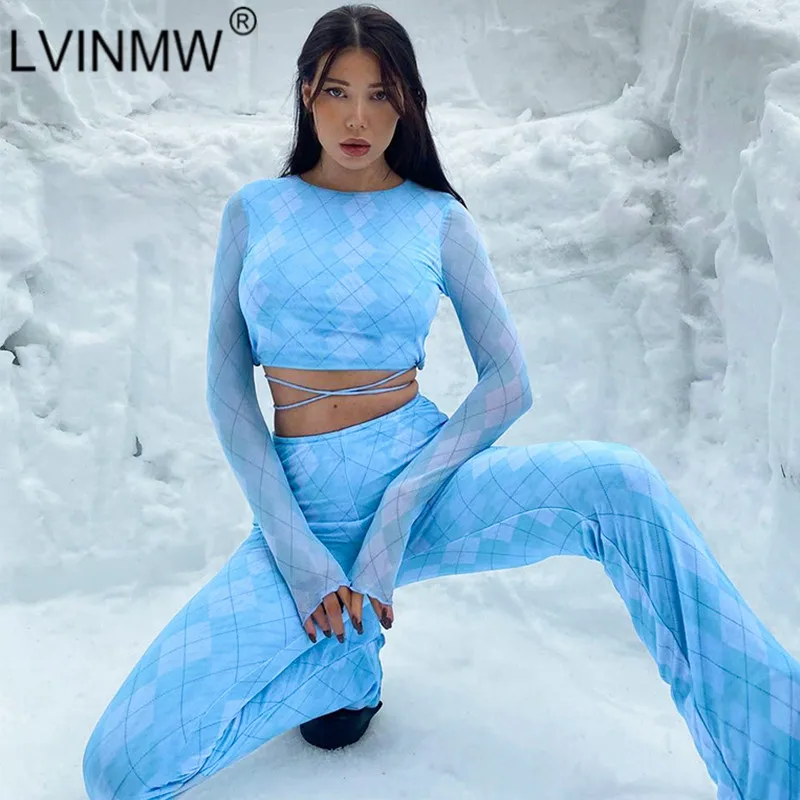 

Женский брючный костюм LVINMW, голубой клетчатый костюм с длинным рукавом на шнуровке, Приталенные брюки-клеш