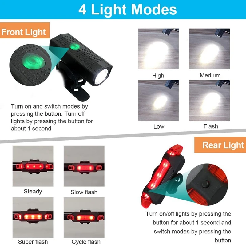

Bike Light Set,4 Modes LED Waterproof Cycle Front Headlight and Rear Tail Light for Night Mountain Cycling