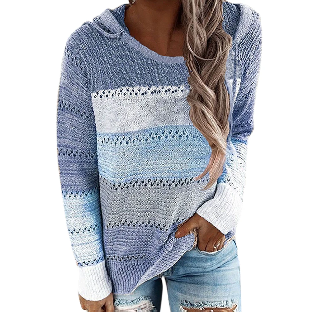 

Women Patchwork Hooded Hollow Out Casual Winter Long Sleeve Sweater Drawsting Striped Tops Knitted Elegant Fashion Female