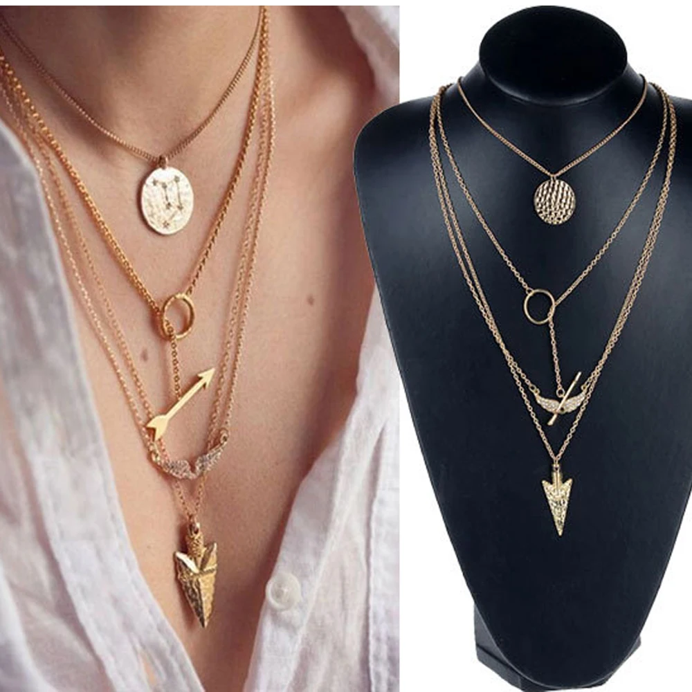 Золото Многослойные цепные ожерелья со стрелкой Кулоны из нержавеющей стали для
