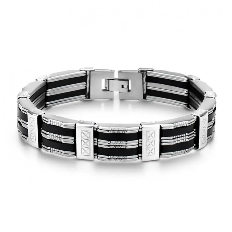 

Fashion Charm Stainless Steel Braided Silica Gel Strap Chain Bracelet Bangle for Men Domineering Rock Street Party Biker Jewelry
