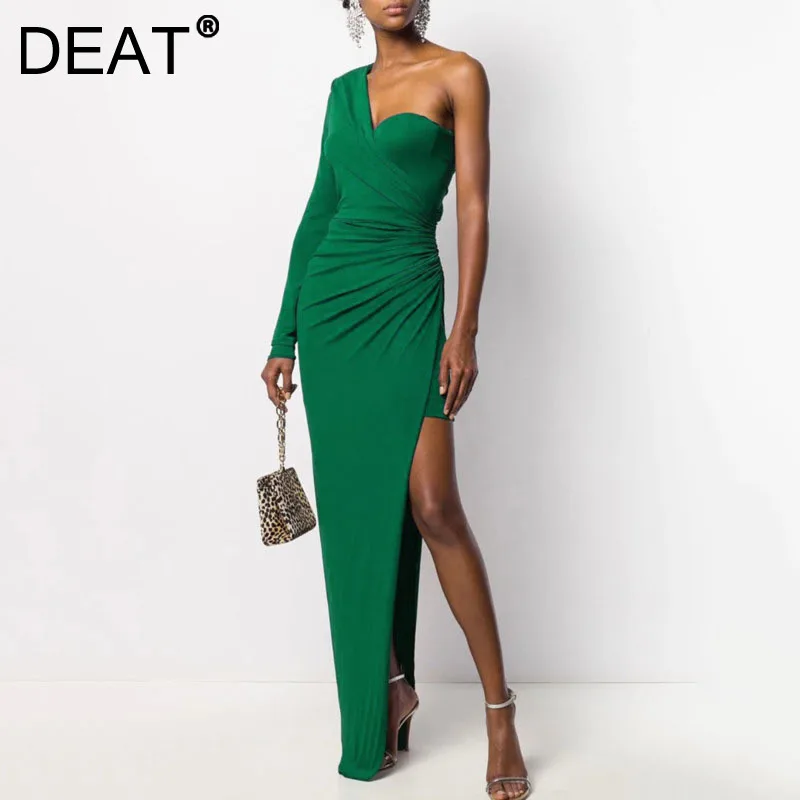 

DEAT 2021 New Women Fashion Slim Solid Color Oblique Collar Long Sleeve Folds Stretch High Waist Dress Summer Autumn 7E1575