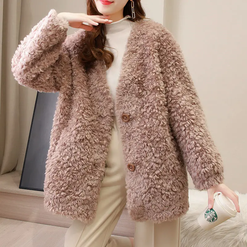 Women 2022 Autumn Winter New Fashion Real Lamb Wool Coat Natural Fur Jacket Female Long Sleeve Granule Warm Outerwear X836