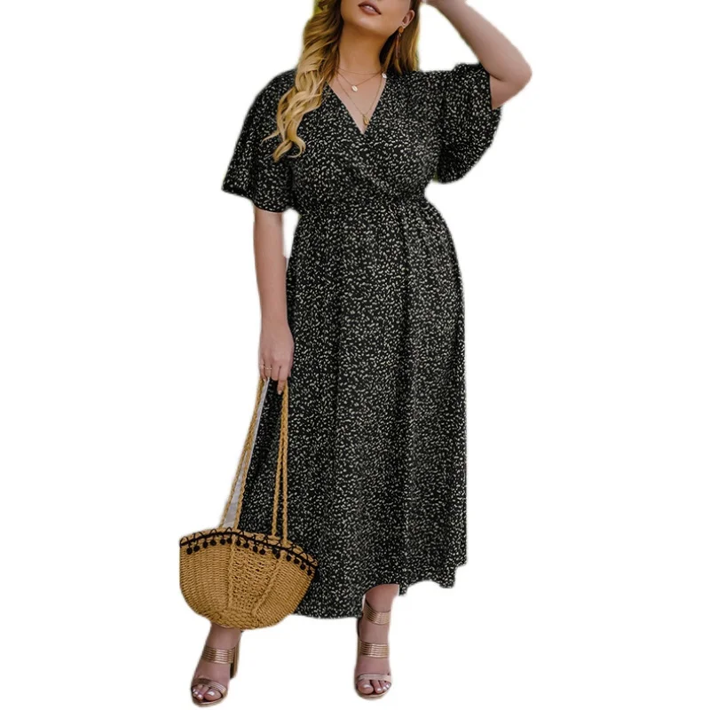 

COIGARSAM 4XL Plus Size Fashion Print Women Long dress New Summer Loose High Waist V-Neck Dresses Black L0036L