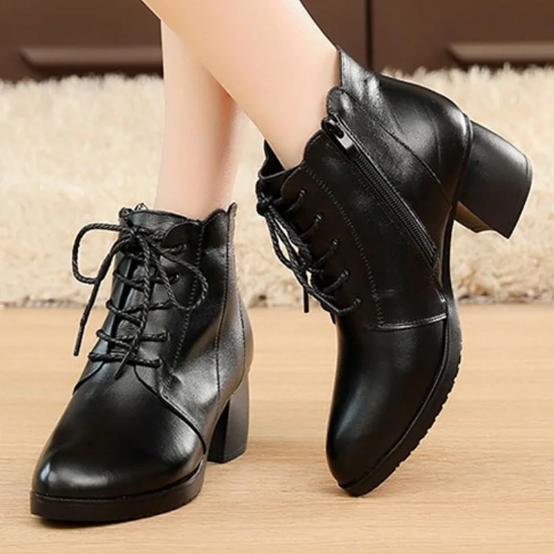 

TIMETANGBlack Winter Women Ankle Boots Genuine Leather Pointed Toe High Heels Boots Women Winter Boots Warm Thick Heel Shoes