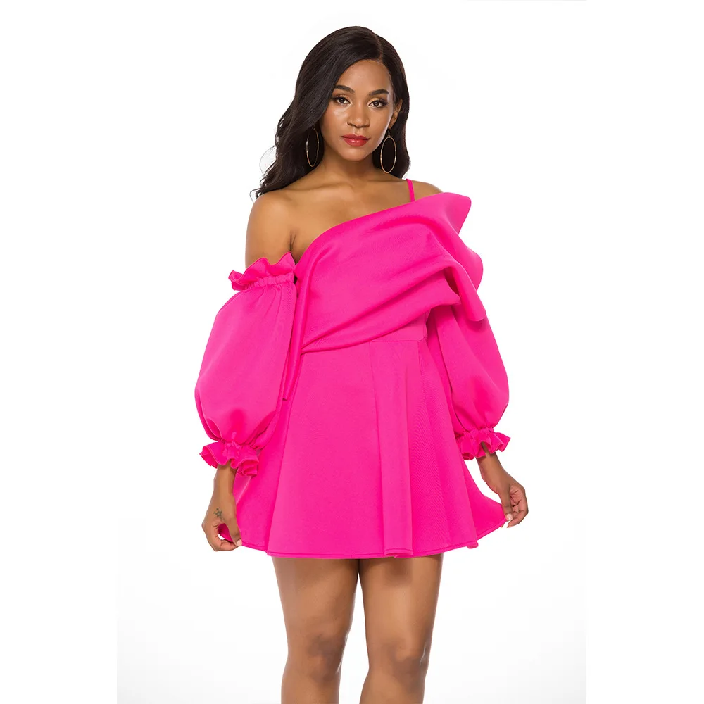 

Party Dress Mini Sexy Pleated Puff Sleeve One Shoulder Spaghetti Strap Women Backless Clubwear Dinner Night Christmas Tunics