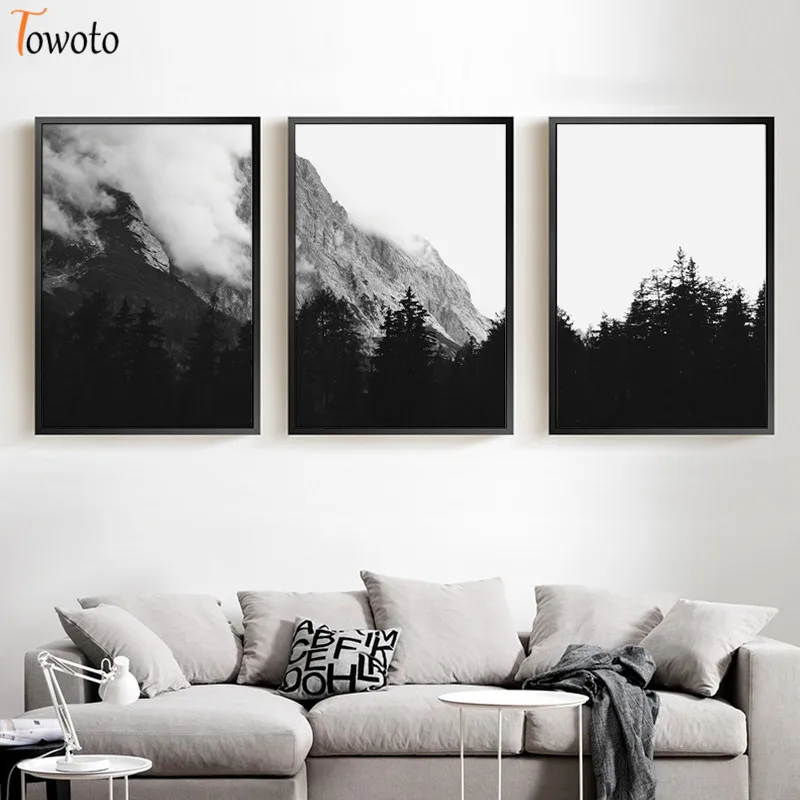 Настенный плакат с изображением черно белого леса Настенная картина туманных