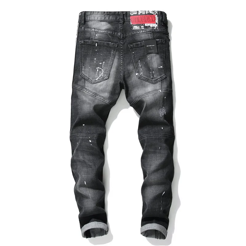 

Italy Fashion Men's Brand Jeans Denim Hole Pants Black Male Slim Fit Ripped Jeans Patch Up Paint Trousers