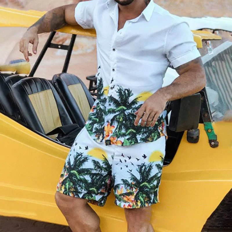 2022 Summer Men Beach Sets Streetwear Short Sleeve Lapel Shirt Printed Shorts Breathable Casual Men Hawaiian Suits 2 Pieces
