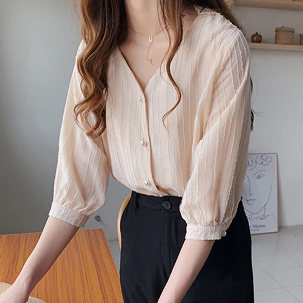 

Elegant Office Long Sleeve Shirts Solid Color V Neck Casual Slim New Style Streetwear Blouse For Women 2022 Autumn Tops Female