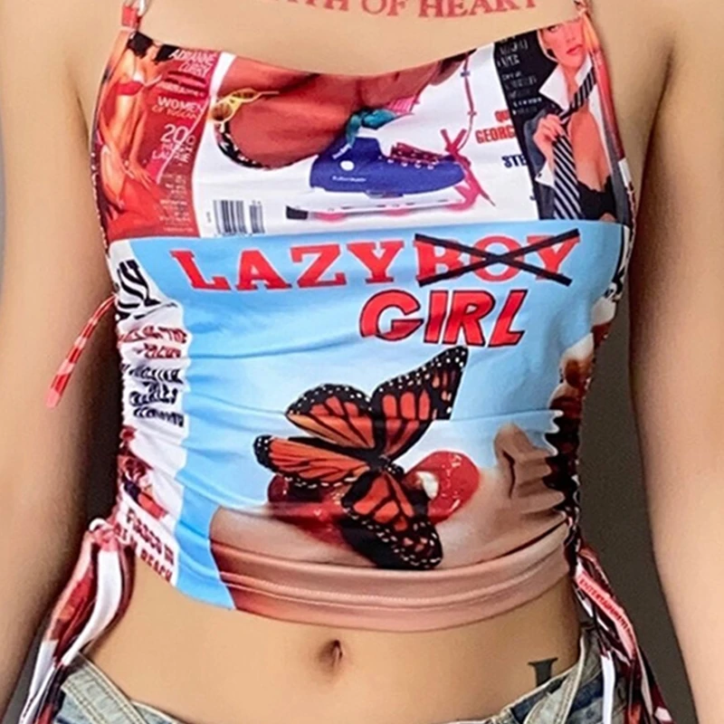 

spice girl's funny graffiti print suspender vest with high waist and short top