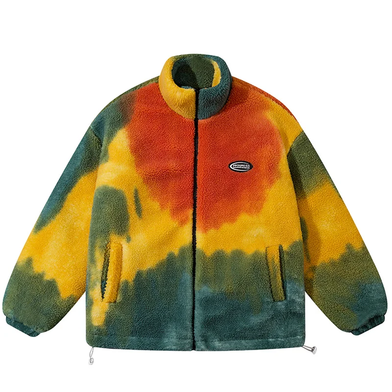 

Unisex Harajuku Vintage Tie Dye Print Lamb Wool Fleece Jacket Outwear Streetwear Men Orange Oversize Retro Thicken Warm Jackets
