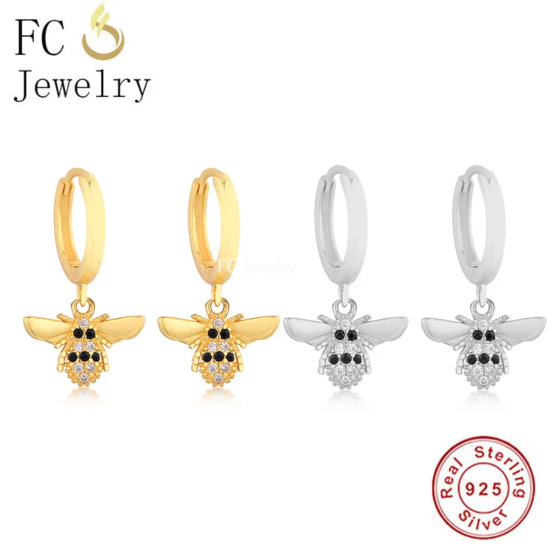 

FC Jewelry 925 Sterling Silver Gold Color Honey Bee Mix Black Zircon Plain Hoop Earring For Women Ear Piercing Pendientes 2020