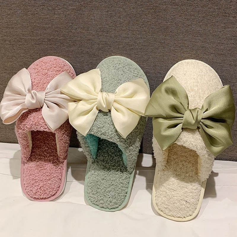 

Women Mules Slippers Furry Flip Flops Home Shoes Fashion Butterfly-Knot Flats House Shoes Female Plush Slides Ladies Fur Slipper