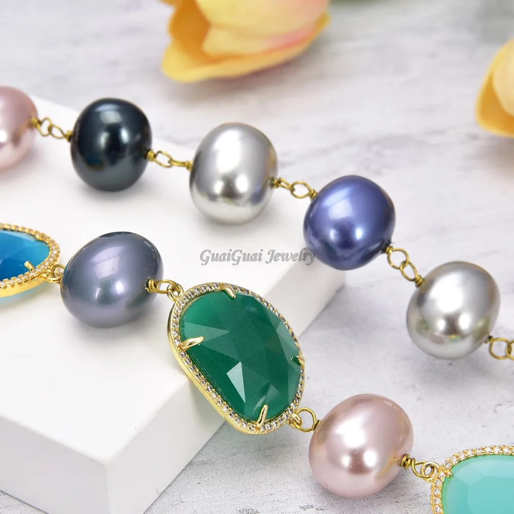 

GG Jewelry 29" Mixed Color Sea Shell Pearl Necklace CZ Pave Connector