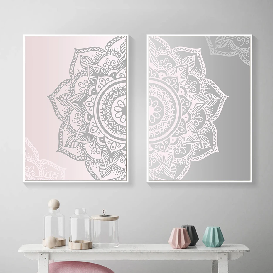 

Abstract Pink Gray Bohemia Mandala Round Floral Canvas Poster and Print Paintings Wall Art Pictures for Living Room Home Decor