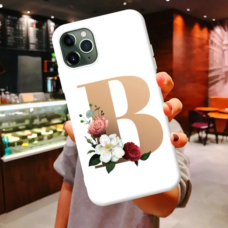 

Custom letter candy white matte Soft silicone case for iPhone 11 Pro MAX 6 6S 7 8 Plus XS MAX XR XS X luxury golde floral Cover