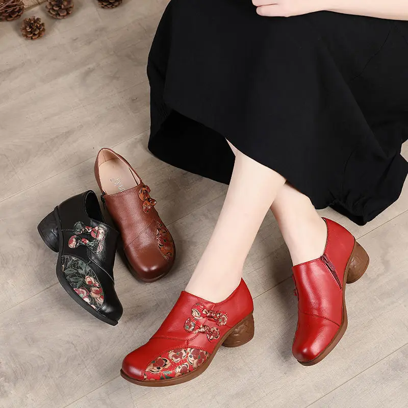 Retro Flower Print Boho Shoes On Heels Red Woman Pumps Genuine Leather Women's Medium Heels Designer Ladies Pumps Women Shoes