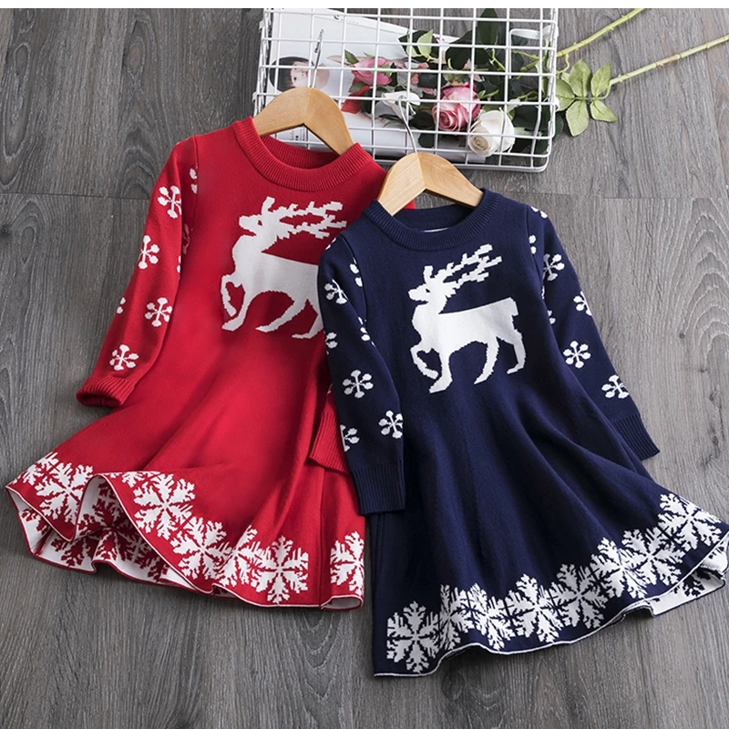 Рождественское платье с оленями для маленьких девочек длинным рукавом Зимний