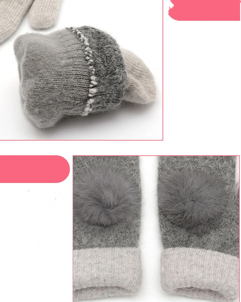 

Winter Women Soft Wool Warm Knit Gloves Warmer Girls' Candy Color Rabbit Hair Ball Mittens Gloves