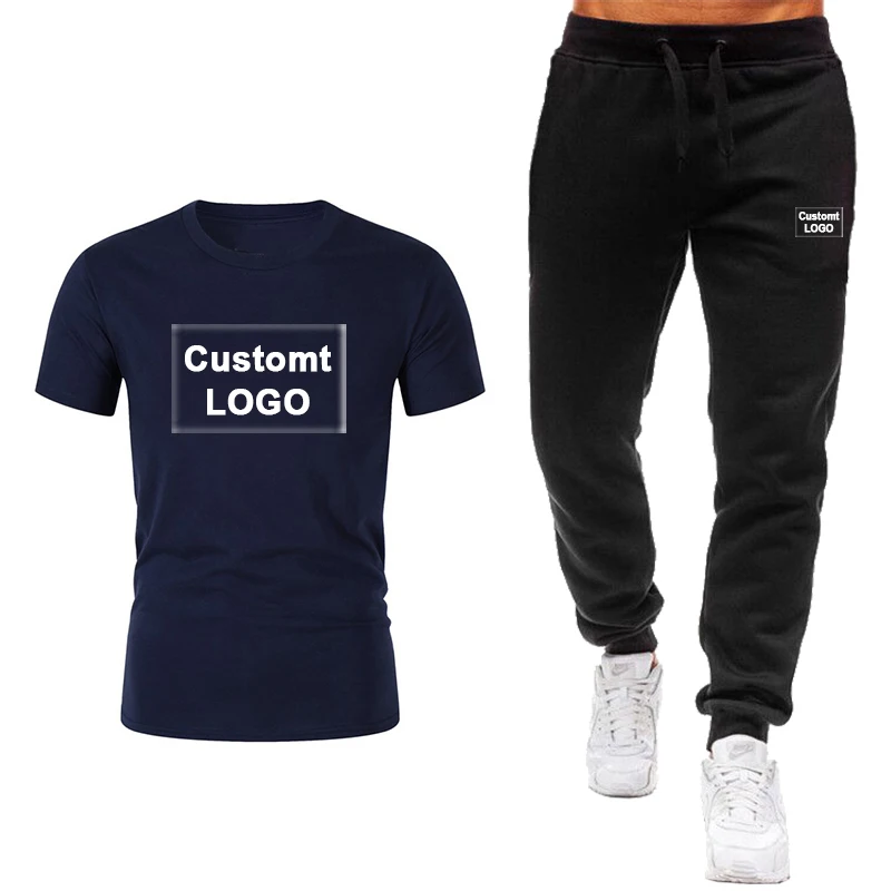 

LOGO Custom New 2 Piece Set Men's Suit Men's Men's Sportswear Suit Fitness Summer Solid Color Men's Pants + T-Shirt Men's Suit