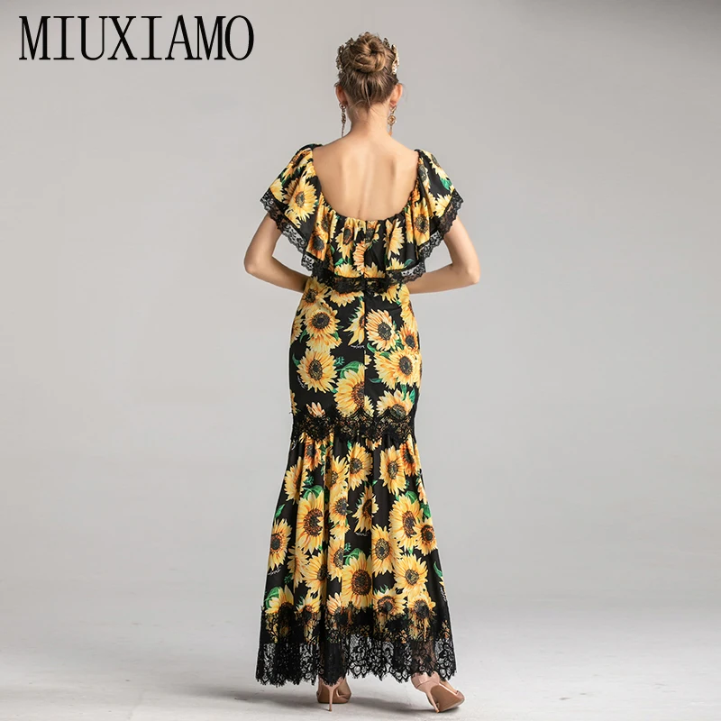 

MIUXIMAO High Quality 2019 Fall Lace Maxi Dress V-Neck Sunflower Print Elegant Casual beach dress Long Dress Women vestidos