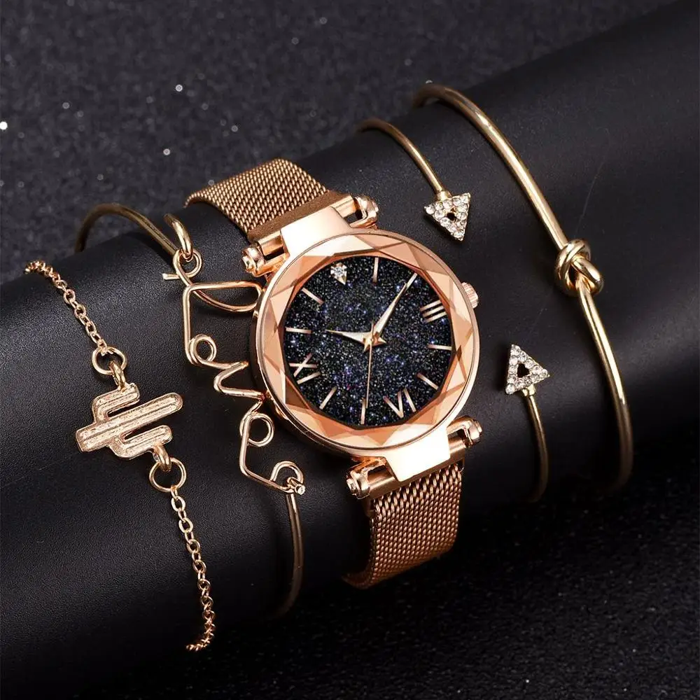 

5pcs Set Luxury Women Watches Magnetic Starry Sky Female Clock Quartz Wristwatch Fashion Ladies Wrist Watch relogio feminino