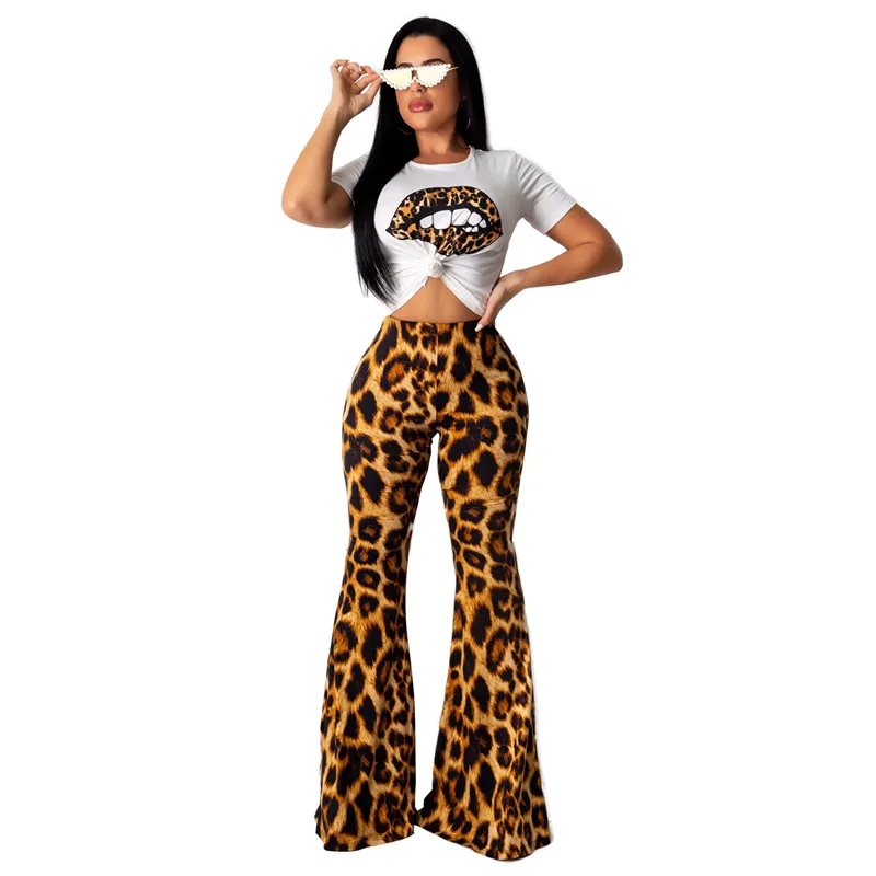 

2 Piece Outfit Summer Women Bodycon Matching Sets Lips Print T-shirts Crop Top Leopard Flared Pants Joggers Tracksuits Clothes