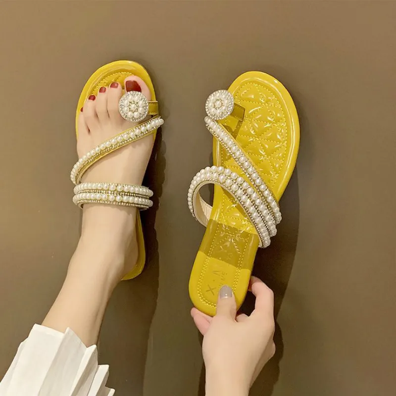 Fashion Slippers Women Summer New Outside String Bead Vacation Beach Shoes Toe Square Heel Slides Low 1cm-3cm Solid High Quality
