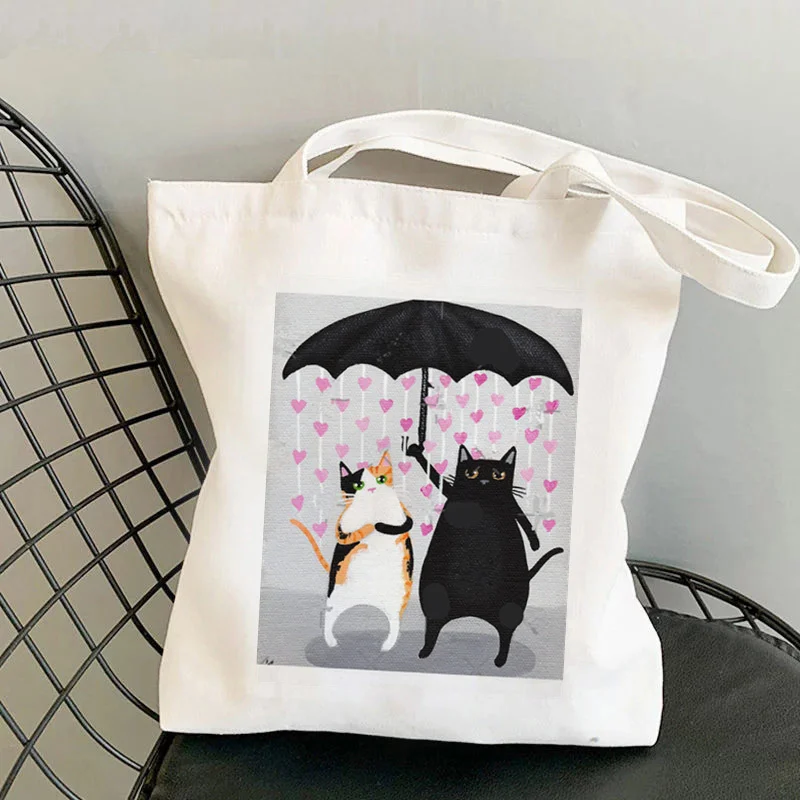 

2021 Shopper Love Rains Down Cats Printed Tote Bag women Harajuku shopper handbag girl Shoulder shopping bag Lady Canvas Bag