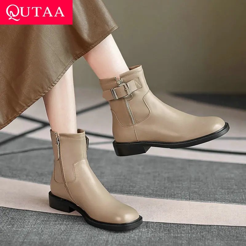 

QUTAA/Новинка 2022 года; Женские ботильоны; Женская обувь на низком квадратном каблуке; Женские ботинки на молнии с круглым носком; Женские ботин...